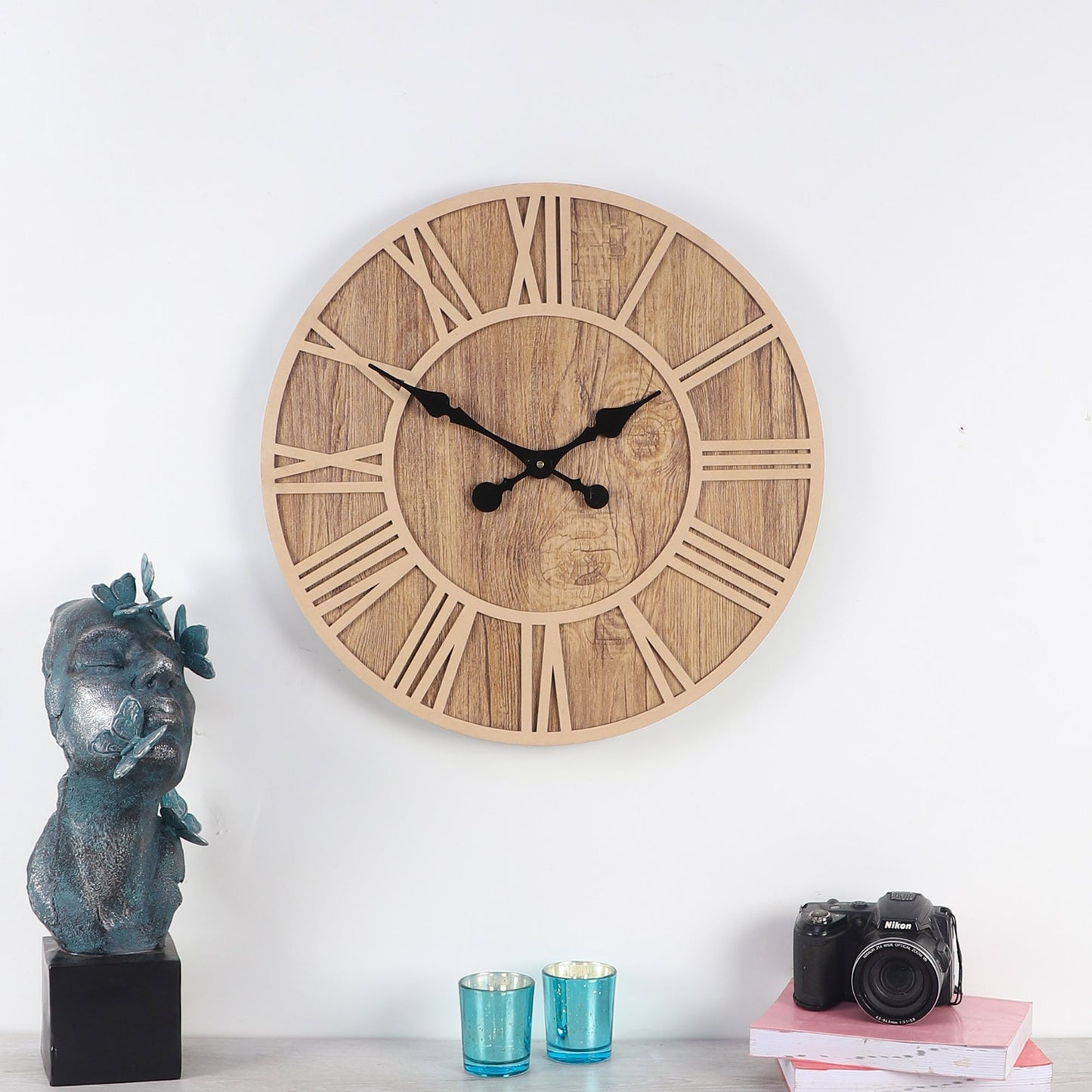 Round Engineered Wood Roman Numeral Wall Clock With Leather coating || Wall Clock