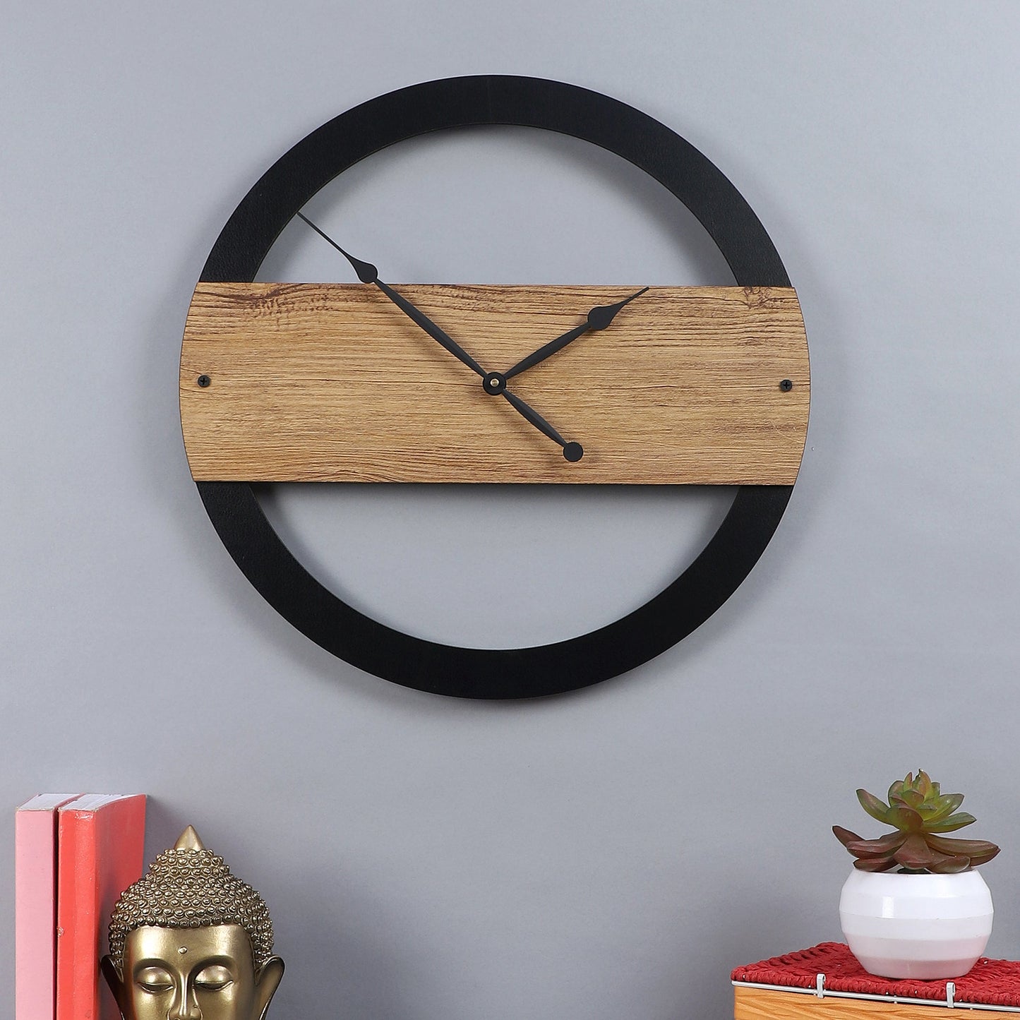 Black Framed Engineered Wood Wall Clock with Leather coating