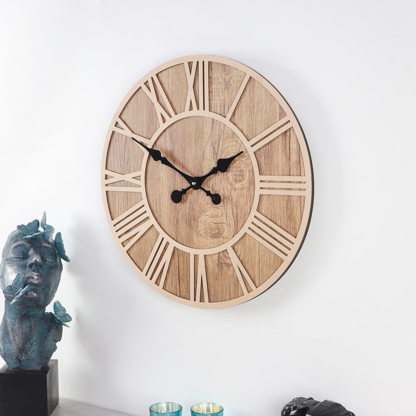 Round Engineered Wood Roman Numeral Wall Clock With Leather coating || Wall Clock