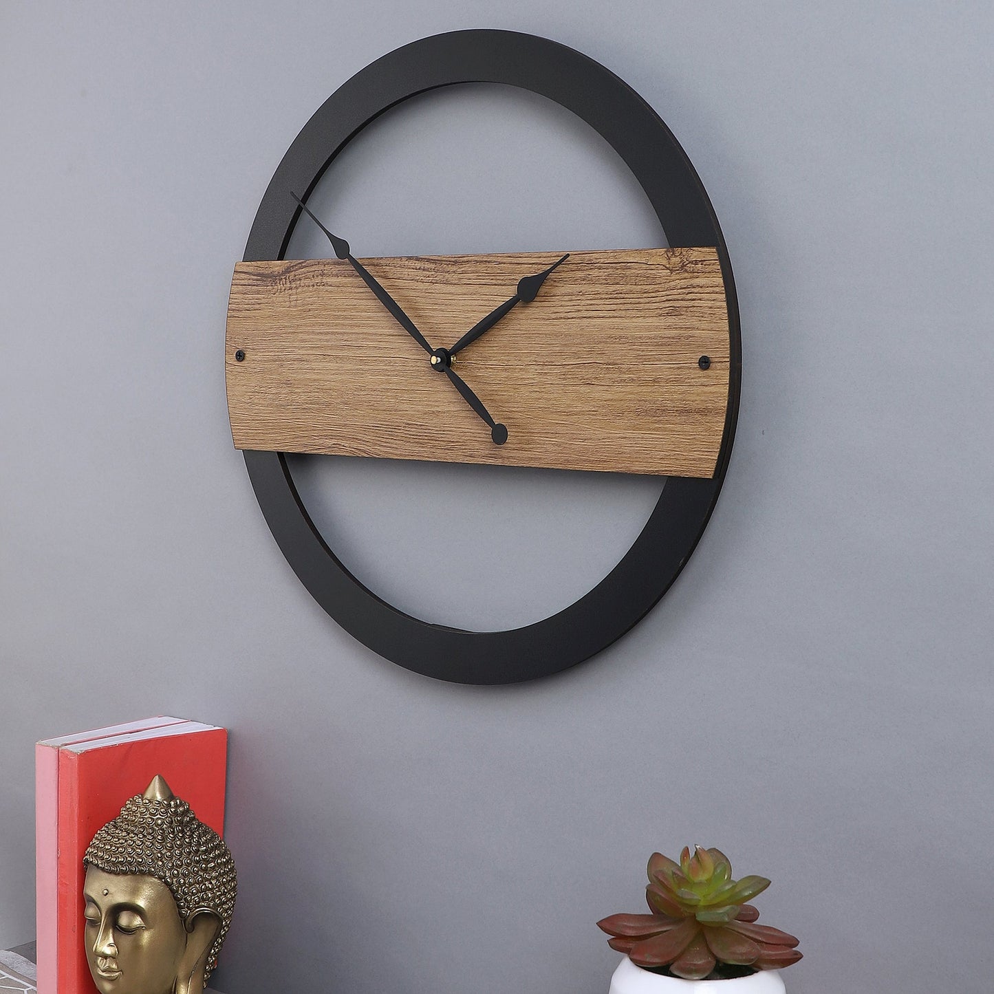 Black Framed Engineered Wood Wall Clock with Leather coating