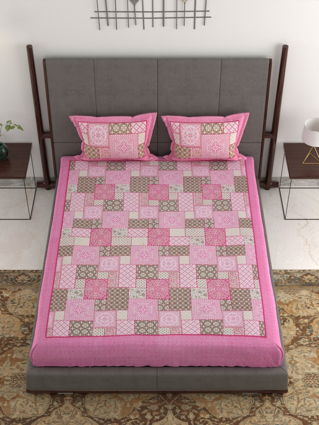 100% Pure Organic Cotton Fabric Jaipuri Hand Block Printed Jumbo King Size Double Bedsheet with 2 Pillow Covers, 240 TC II