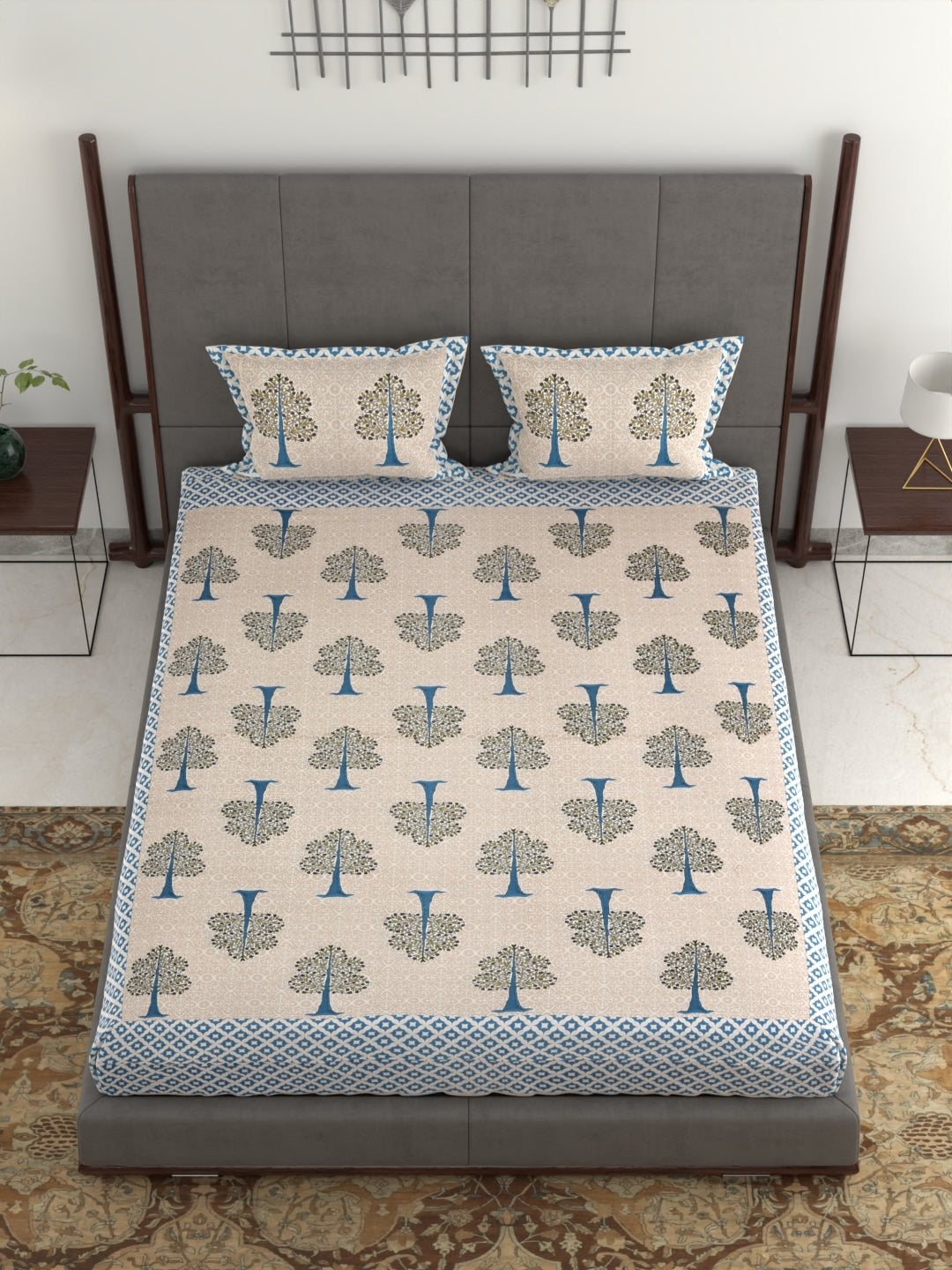 100% Pure Organic Cotton Fabric Jaipuri Hand Block Printed Jumbo King Size Double Bedsheet with 2 Pillow Covers, 240 TC II