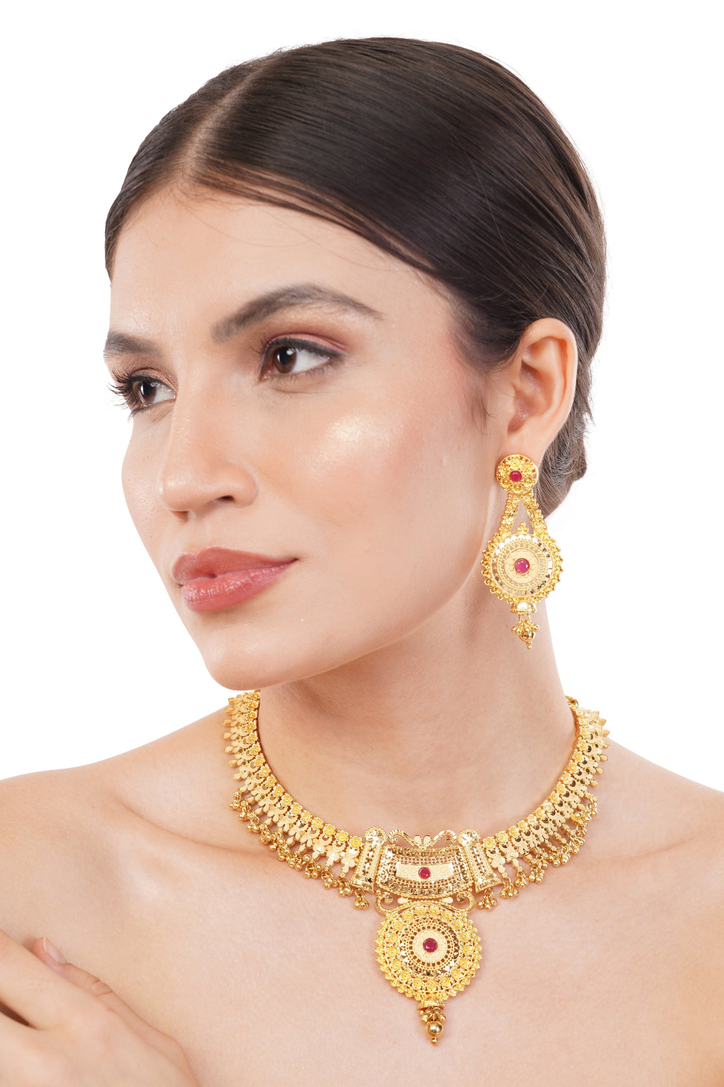 Elegant 1Gm Gold Necklace and Earring Set with Ruby Accents