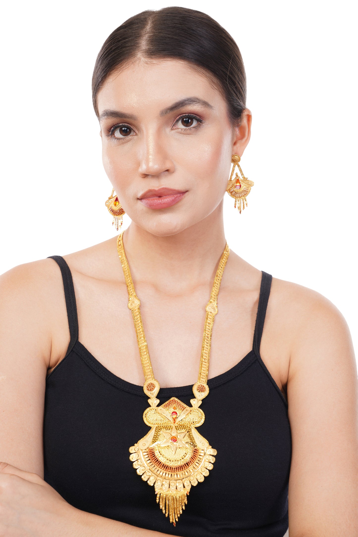 1Gm Gold-Plated Long Haram Necklace and Earring Set