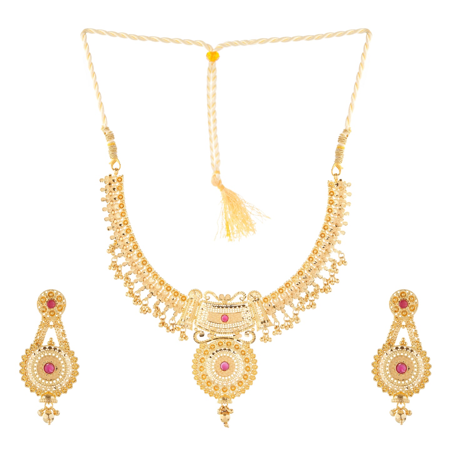 Elegant 1Gm Gold Necklace and Earring Set with Ruby Accents