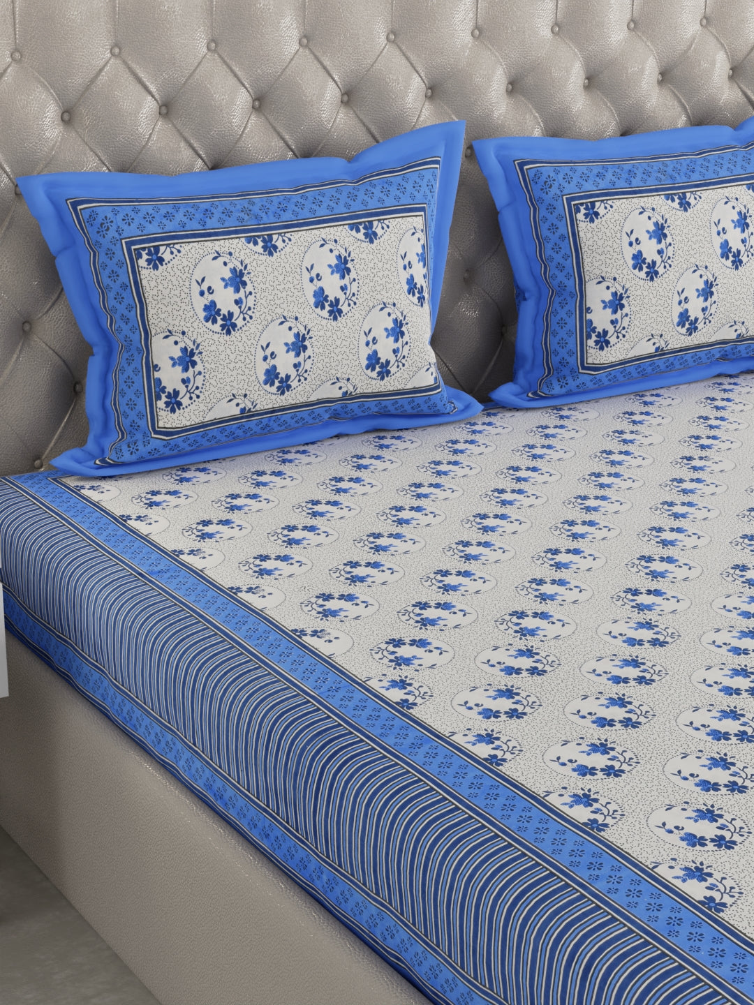 100% Cotton Hand Block Printed King Size Double Bedsheet with 2 Pillow Covers, 240 TC.