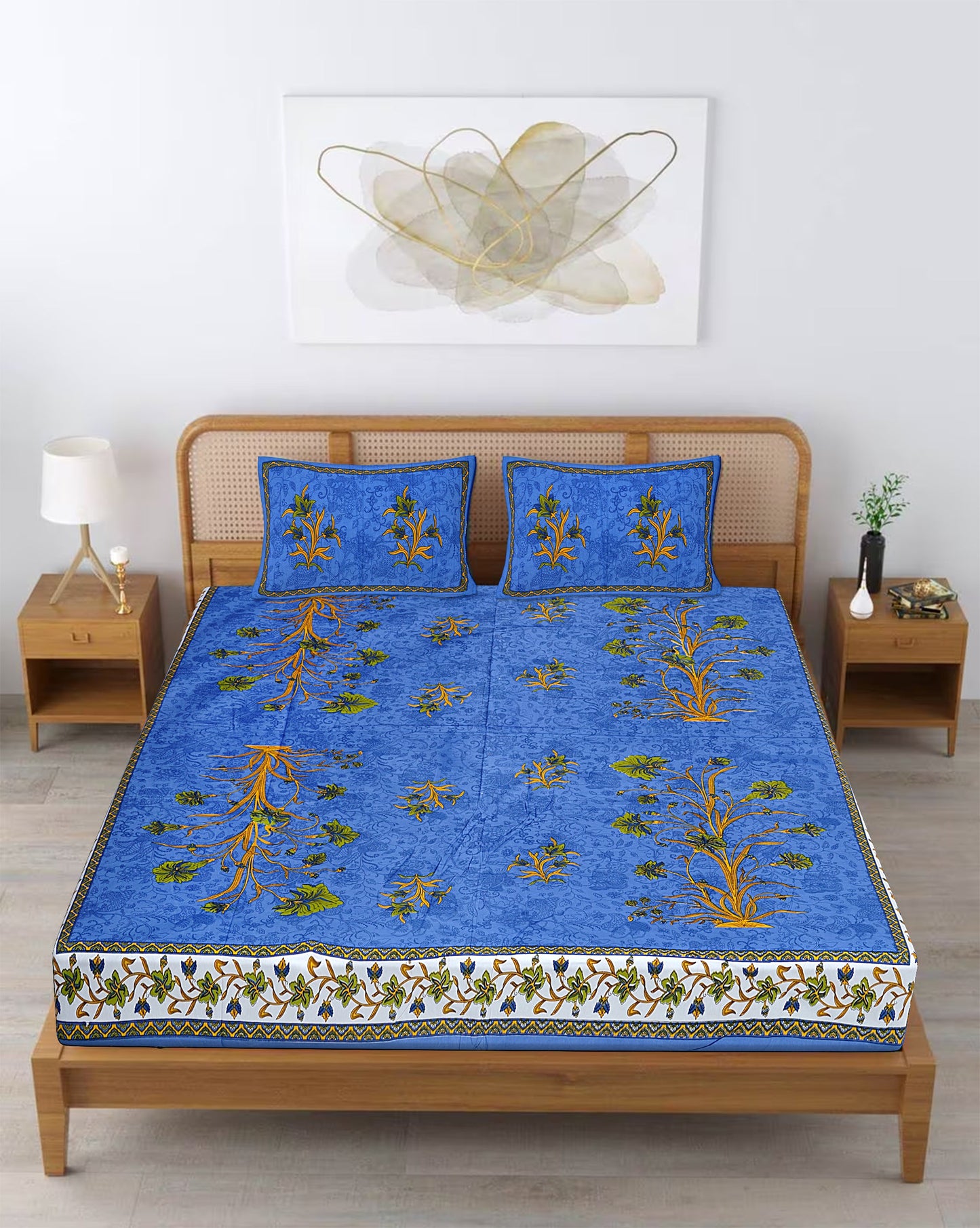 100% Pure Organic Cotton Fabric Hand Block Printed King Size Double Bedsheet with 2 Pillow Covers, 340 TC II