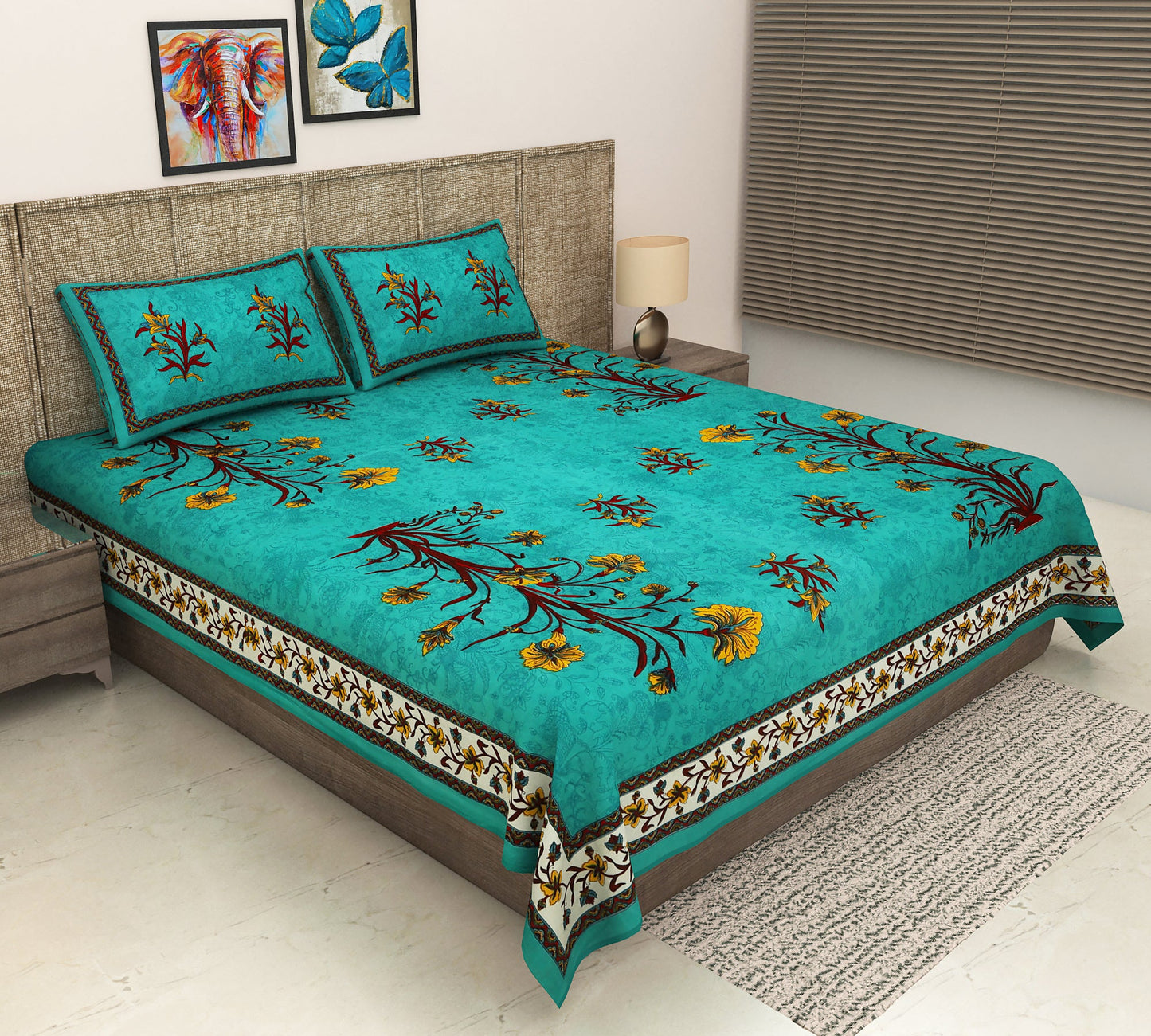 100% Pure Organic Cotton Fabric Hand Block Printed King Size Double Bedsheet with 2 Pillow Covers, 340 TC II