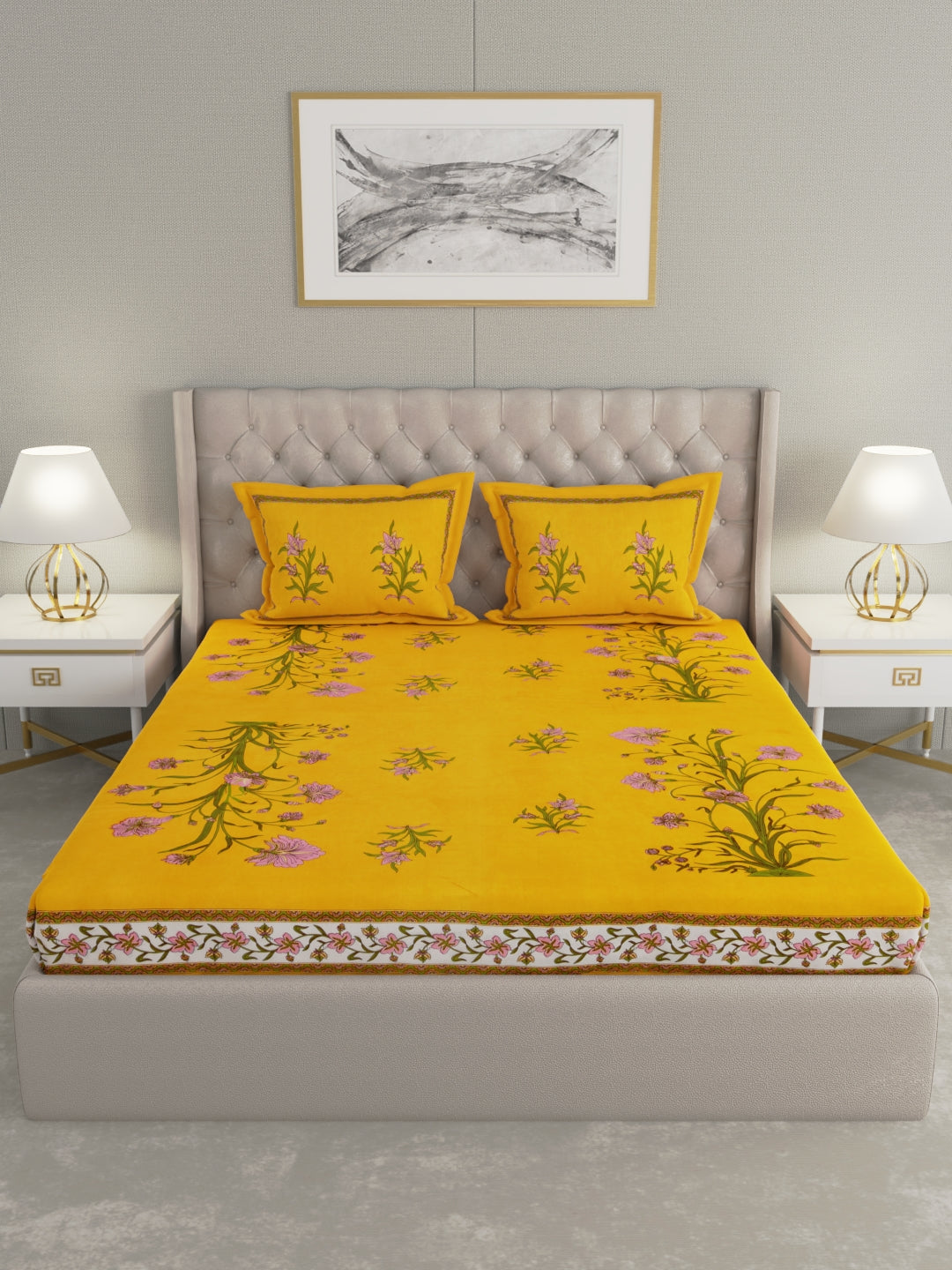 100% Pure Organic Cotton Fabric Hand Block Printed King Size Double Bedsheet with 2 Pillow Covers, 340 TC II