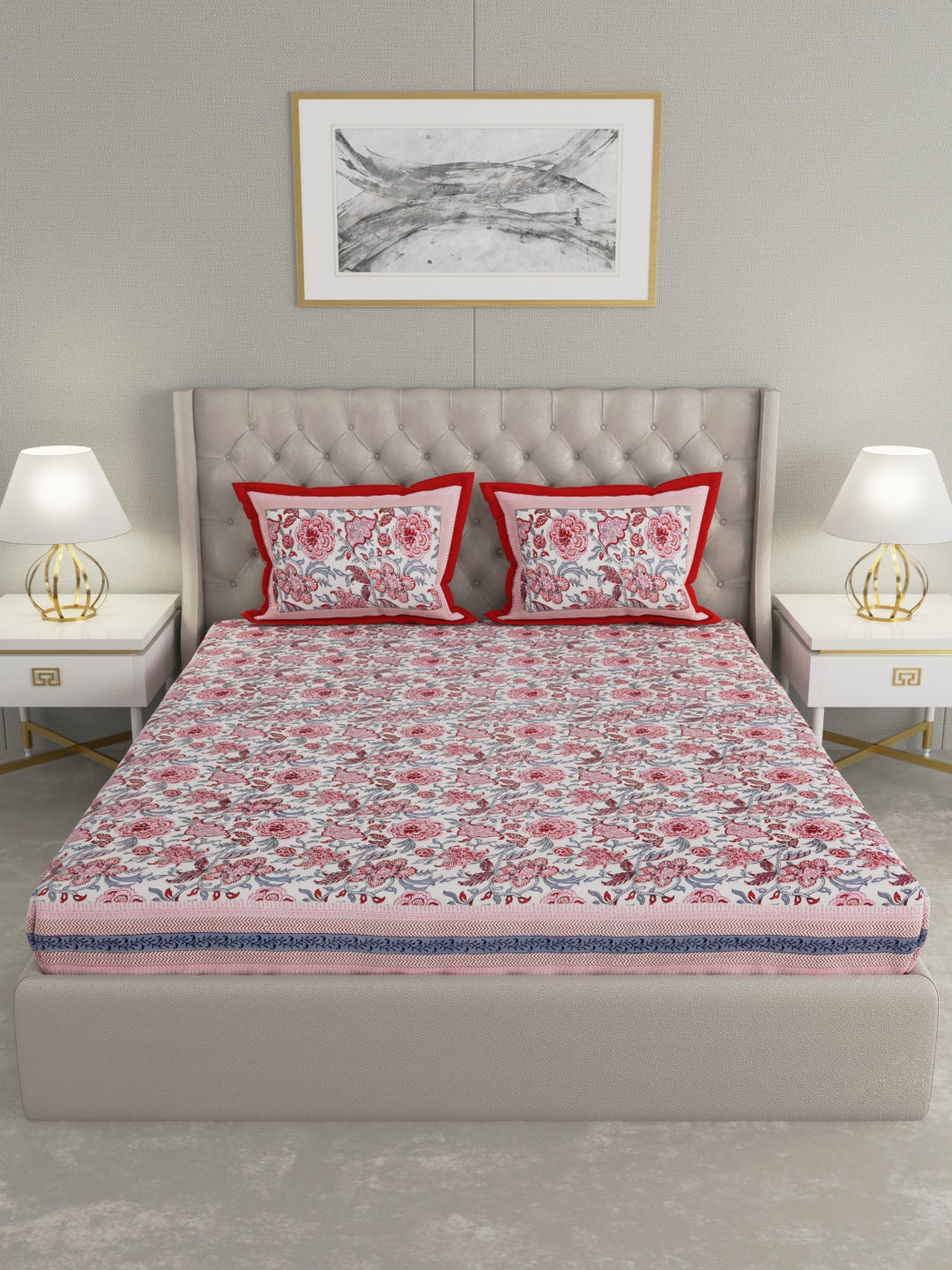 100% Pure Organic Cotton Fabric Hand Block Printed King Size Double Bedsheet with 2 Pillow Covers, 340 TC II